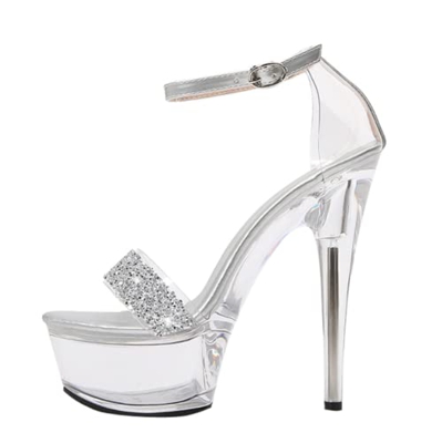LSY Sandalias, 15 Cm Hentian High Pole Dance Pole Dance High Heels Stiletto Transparent Crystal Model T-Taiwan Sandals(Size:37,Color:Plata)