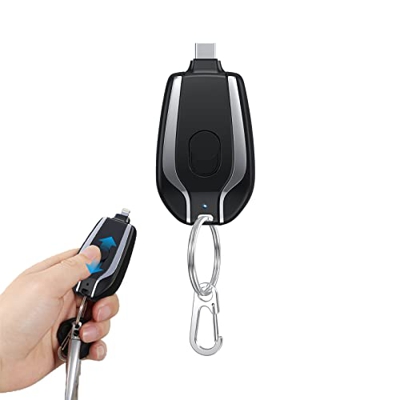 Gossiribbn 1500mah Mini Power Emergency Pod, Keychain Portable Charger for iPhone or Type-c, Key Ring Cell Phone Charger (Black,Type-c)