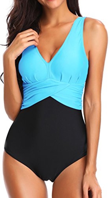 EUDOLAH Mujer Traje de Baño Entero Push Up Adherente Un Contraste con Cintura Cruzada y Cuello en VAzul Claro,Medium