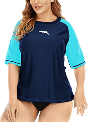 Halcurt Camiseta de manga corta para mujer, protección UV UPF 50+, protección solar, camiseta de baño de manga corta, talla grande, marine, XXXLarge