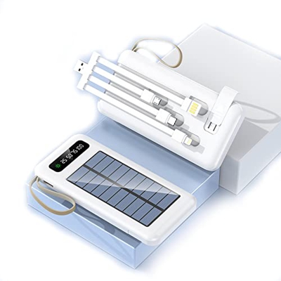 1pcs Solar Power Bank 20000mAh, Built in Cable USB Type C Portable Solar Charger, LED Flashlight, Mobile Phone Holder, Quick Charge Waterproof Phone C