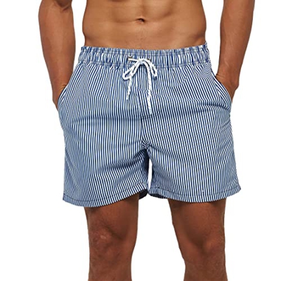 HLVEXH Hombres Pantalones Cortos con Forro de Malla Bañador Piscina Hombre Natacion Verano Secado Rapido Vacaciones Azul Blanco Rayas Verticales L