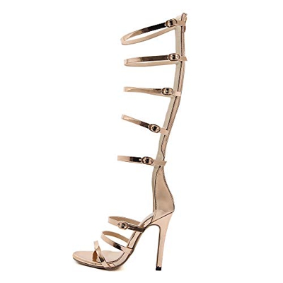 SUKDO Sandalias De Tacón De Aguja De Cuero para Mujer, Correa Dorada De Verano Hebilla Gladiador Sandalias De Tacón Alto Sandalia Romana con Cremaller