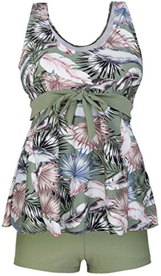 Wantdo Traje de Baño con Shorts de Dos Piezas Bañador Cintura Alta Traje de Baño para Mujeres Talla Grande Floral Tankini Vestido para Playa Mar Pisci