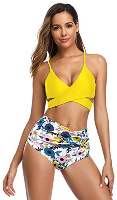 SHEKINI Mujer Traje de Baño de Dos Piezas Cuello de V Halter Ajustable Bikini Top Retro Impresión Bikini Set Cintura Alta Control Abdominal Parte Infe