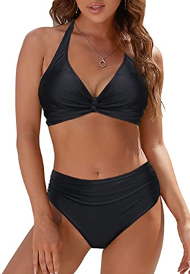 NLAND Bikinis Mujer Push Up Conjunto de Trajes de Baño para Mujer Bandeau Fruncidos de Dos Piezas de Cintura Alta Trajes de Baño(Negro,M)