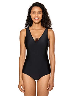 DELIMIRA - Bañador de Una Pieza Escote en V con Relleno para Mujer Verano Playa Negro 46