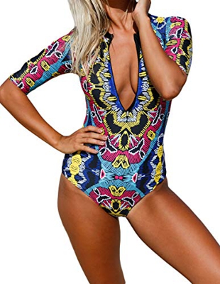 Ocean Plus Mujer Cremallera Delantera Traje de Baño de Una Pieza Cuello Redondo Manga Corta Cintura Alta Surf de Playa Ropa de Playa (M (EU 36-38), Co