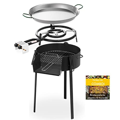 Kit de Barbacoa redonda con soporte para paella de 60 cm de leña y carbón, parrilla, quemador de gas 50 cm COMBOI, paellera de 60 cm, recetas recomend
