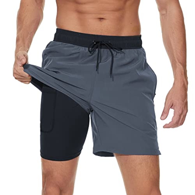 Arcweg Bañador para hombre con forro de compresión 2 en 1, bañador de playa de secado rápido con bolsillos con cremallera, Negro + gris, Large