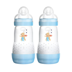 MAM Easy Start - Biberón anticólicos para bebé (2 unidades, 260 ml), botella con tetina tamaño 1, a partir del nacimiento, oso, Azul/Oso + Bebé, Instr características