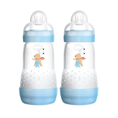 MAM Easy Start - Biberón anticólicos para bebé (2 unidades, 260 ml), botella con tetina tamaño 1, a partir del nacimiento, oso, Azul/Oso + Bebé, Instr