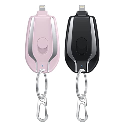HHBS 1500mAh Mini Power Emergency Pod, New Portable Mini Power Emergency Pod, Keychain Portable Charger For iPhone, Best for Travel (Black+Pink)