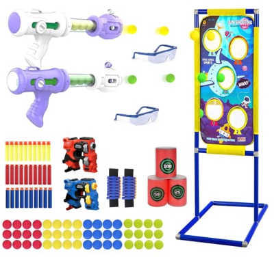 RIVIAX 2 Pistolas de Juguete para Niños/as + 48 Pelotas/Bolas Espuma Blanda + Objetivo de Disparo Espacial + 2 Pistolas Dardos, Blaster Lanzador Juego