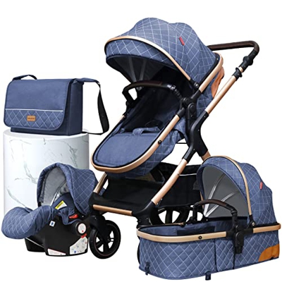 Silla de paseo, cochecito 4 en 1 con bolsa para mamá, material de lujo de alta vista/conjunto de silla de paseo (X1 blue)