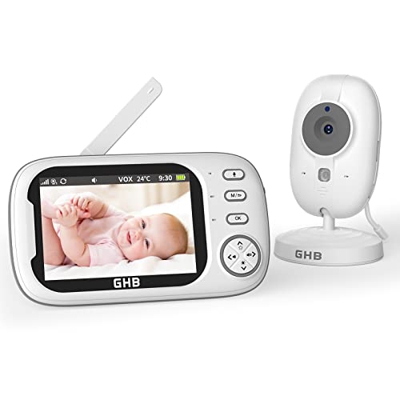 GHB Vigilabebés con Cámara Vigilancia Bebé Monitor Inteligente con LCD 3.5 Pulgadas Visión Nocturna Despertador, Comunicación Bidireccional, Recargabl