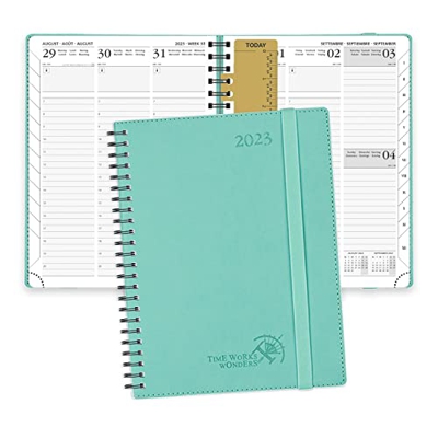 POPRUN Agenda 2023 Semana Vista Vertical Espiral 16,5 x 21,5 cm - Planificador 2023 Semanal A5 con Pestañas Mensuales, Tapa Blanda en Cuero Vegano y 1