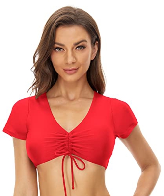 SHEKINI Bikini de Mujeres Elegante Mangas Cortas Ruched Cordón Ajustable Acolchado Top de Bikini Corto Traje de Baño Sexy Ropa de Playa（S，Rojo）