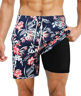 Suwangi Bañador Hombre Doble Capa Shorts de Baño Shorts de Playa Secado Rápido Bañadores Compresión 2 en 1 Pantalones Cortos de Natación con Forro de 