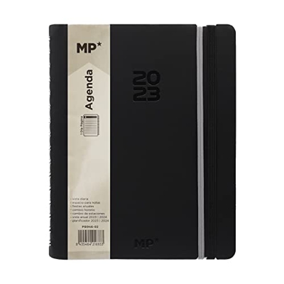 MP Agenda 2023 con Vista Diaria, Tapa Blanda con Cinta de Registro, Dia por Página, Tamaño A4, Planificador con Vista Horizontal, Anillas y Banda de R