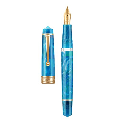 Asvine Pluma estilográfica de pistón P20, resina azul, punta fina de iridio, colección de escritores lisos con juego de estuche
