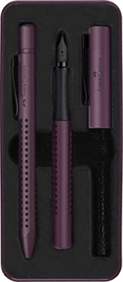 Faber-Castell 201530 Grip Edition, Berry - Set de regalo con pluma M y bolígrafo XB en estuche de metal