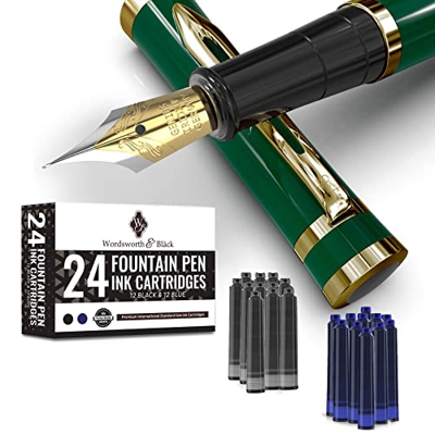 Juego de plumas estilográficas Wordsworth & Black de punta media con 24 cartuchos de tinta, un convertidor para la recarga de tinta y un Bolsa de rega