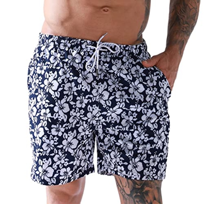 Pantalones cortos de natación para hombre, de playa, ligeros, de secado rápido, con cordón ajustable, Pequeña flor blanca, M