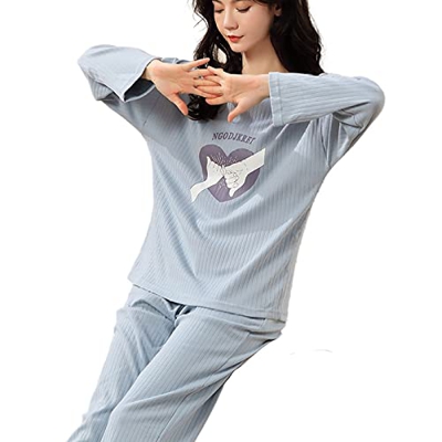 Pijama Mujer Sexy, Conjunto De Pijamas De Manga Larga Raya Creativa Estampado De Corazón De Amor Pijamas De Algodón De Cuello Redondo Azul Camisón De 
