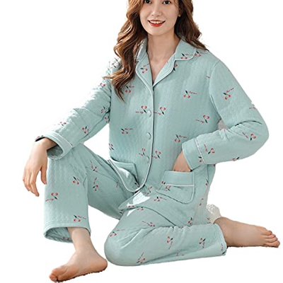 Pijama Mujer, Pjs para Mujer Conjuntos De Pijamas Esponjosos De Invierno Conjunto Creativo Estampado De Cerezas Pijamas De Algodón Azul Casual Camisón