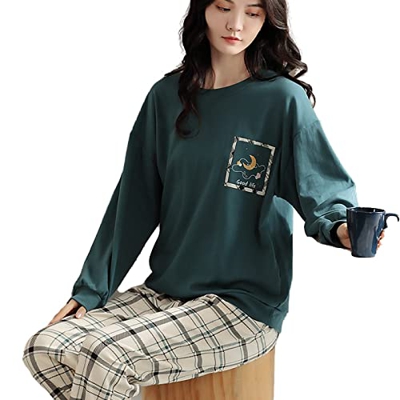 Pijama Mujer Verano, Conjunto De Pijamas De Manga Larga Estampado A Cuadros Creativo Pijamas De Algodón con Cuello Redondo Verde Camisón De Invierno p