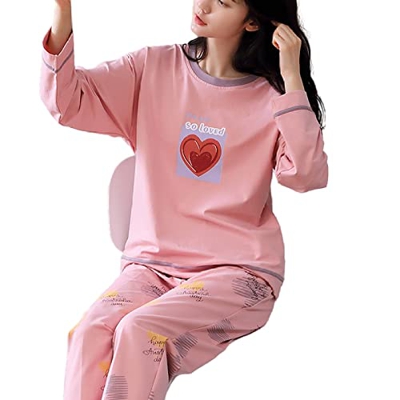 Pijama Mujer, Pjs para Mujer Conjuntos De Pijamas De Manga Larga De Invierno Conjunto De Pijamas De Algodón Rosa con Estampado De Corazón De Amor Crea