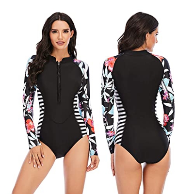 Beachkini Traje de baño para Mujer con protección Solar, Traje de baño de Manga Larga, Ropa de Surf de una Pieza con Cremallera,04,L