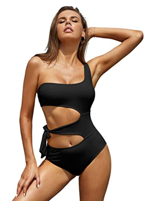 SHEKINI Traje de baño Una Pieza para Mujer Chic Asimétrico Halter Ajustables Lazo Cut out Bañador Abdomen Control Slim Ropa de Playa (Negro, L)