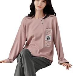 Pijama Mujer Verano, Conjunto De Pijamas De Manga Larga Pijamas De Algodón con Cuello Redondo Gris Rosa Creativo Camisón De Invierno para Mujer Conjun precio