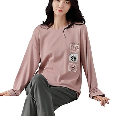 Pijama Mujer Verano, Conjunto De Pijamas De Manga Larga Pijamas De Algodón con Cuello Redondo Gris Rosa Creativo Camisón De Invierno para Mujer Conjun