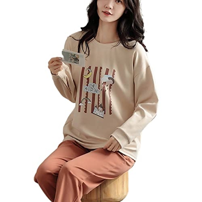 Pijama Mujer Verano, Conjunto De Pijamas De Manga Larga Raya Creativa Estampado De Luna Pijamas De Algodón De Cuello Redondo Camisón De Invierno para 