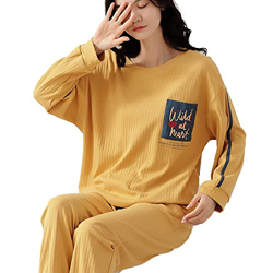 Pijama Mujer Sexy, Conjunto De Pijamas De Manga Larga con Estampado De Rayas De Novedad, Pijamas De Algodón con Cuello Redondo Amarillo, Camisón De In precio