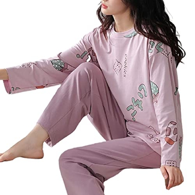 Pijama Mujer Verano, Conjunto De Pijamas De Manga Larga con Estampado De Letras Creativas, Pijamas De Algodón Morado, Camisón De Invierno para Mujer, 