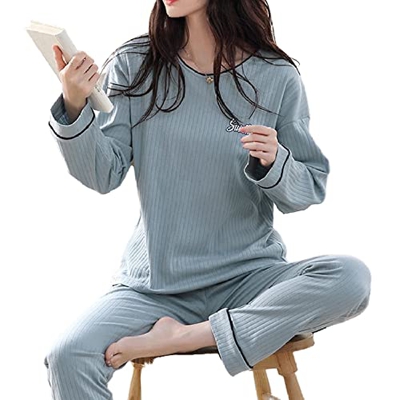 Pijama Mujer Sexy, Conjunto De Pijamas De Manga Larga Estampado De Rayas Creativos Pijamas De Algodón con Cuello Redondo Azul Camisón De Invierno para