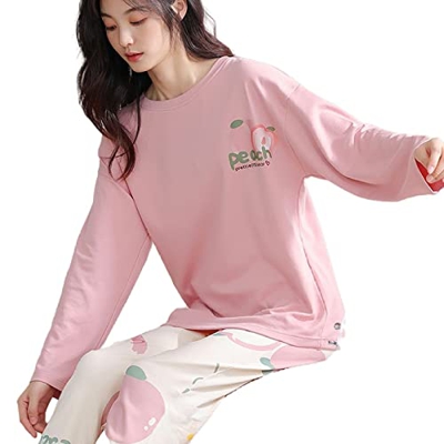 Pijama Mujer, Conjunto De Pijamas De Manga Larga Pijamas De Algodón Rosa con Estampado De Melocotón Creativo Camisón De Invierno para Mujer Conjuntos 