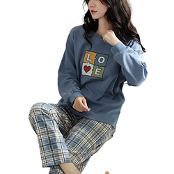 Pijama Mujer Sexy, Conjunto De Pijamas De Manga Larga Amor Creativo Estampado A Cuadros Cuello Redondo Pijamas De Algodón Invierno Mujer Camisón Conju precio