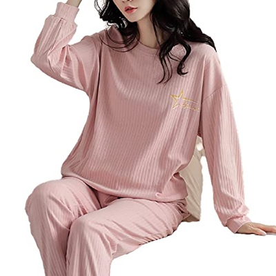Pijama Mujer Sexy, Conjunto De Pijamas De Manga Larga Estampado De Estrellas De Rayas Creativas Pijamas De Algodón De Cuello Redondo Rosa Camisón De I