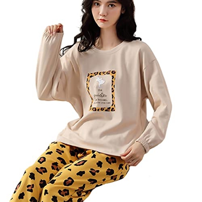 Pijama Mujer Verano, Pjs para Mujer Conjuntos De Pijamas De Manga Larga De Invierno Conjunto De Pijamas De Algodón con Estampado De Leopardo Creativo 