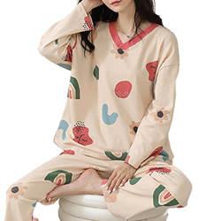 Pijama Mujer Sexy, Pjs para Mujer Conjuntos De Pijamas De Manga Larga De Invierno Conjunto De Pijamas De Algodón con Estampado De Bloques De Color Cre precio