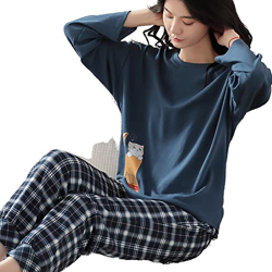 Pijama Mujer, Conjunto De Pijamas De Manga Larga con Estampado De Gato A Cuadros Creativos Pijamas De Algodón con Cuello Redondo Camisón De Invierno p en oferta