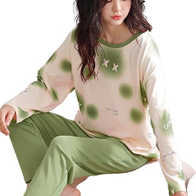 Pijama Mujer Sexy, Conjunto De Pijamas De Manga Larga Pijamas De Algodón Verde De Punto De Lunares Creativos Camisón De Invierno para Mujer Conjuntos 