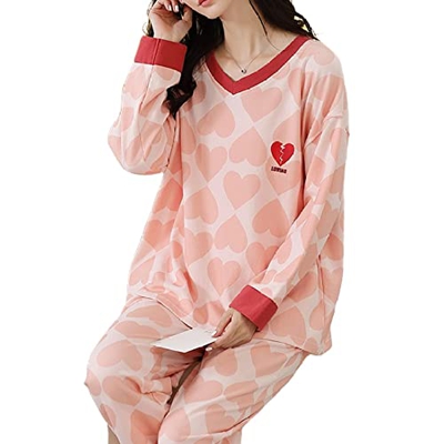 Pijama Mujer Sexy, Pjs para Mujer Conjuntos De Pijamas De Manga Larga De Invierno Conjunto De Pijamas De Algodón Rosa con Estampado De Corazón De Amor
