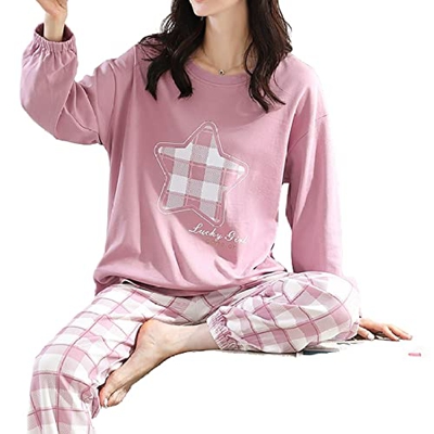 Pijama Mujer Sexy, Pjs para Mujer Conjuntos De Pijamas De Manga Larga De Invierno Conjunto Estrella Creativa Estampado A Cuadros Pijamas De Algodón Ro