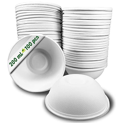 100 Cuencos Desechables Papel de caña de azúcar de 200 ml. Vajilla desechable Biodegradable extrafuerte de Color Blanco. Cuencos para Fiestas y desayu